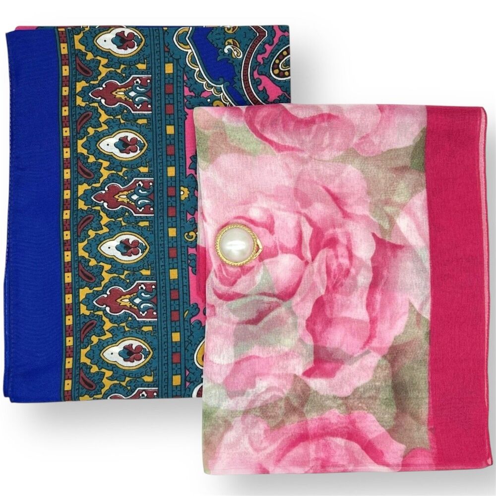VTG Scarf & Stylish Clip 3pc Set Chiffon Rose & Royal Paisley Floral 30x29 Italy